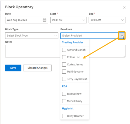 Block Type field with yellow highlight box around the drop down arrow showing the menu list with a yellow arrow pointing towards the options.